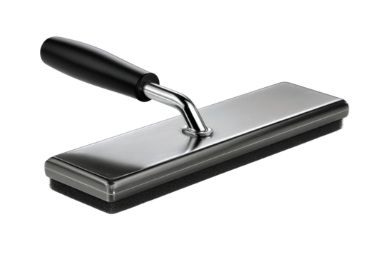 Grout float with beveled rubber base and smooth ergonomic handle, satin hardware minimal and clean, isolated on transparent background.
