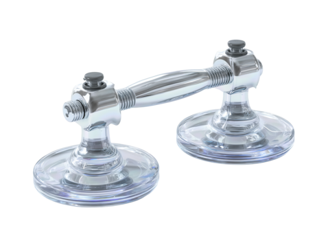 Glass suction cup lifter with dual rubber cups and centered handle, satin levers and clean design, isolated on transparent background.
