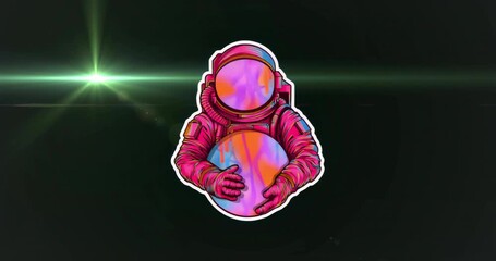 Green flare emerging from left, sweeping across neon-pink astronaut holding orb, illuminating suit - Powered by Adobe
