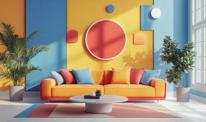 Suprematism style interior design of modern living room with abstract geometric colorful shapes, Generative AI