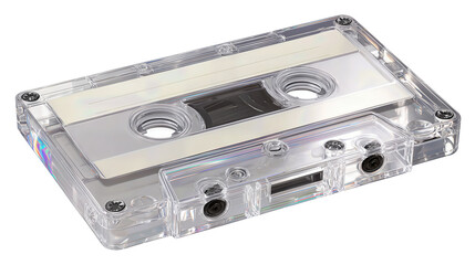 Obraz premium A blank clear audio cassette with visible spools and centered screws, isolated on transparent background. 