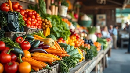 Colorful assortment of fresh vegetables neatly arranged on a rustic wooden market stall.