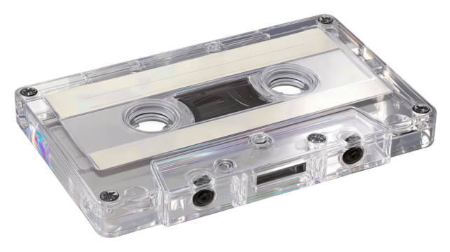 A blank clear audio cassette with visible spools and centered screws, isolated on transparent background.
