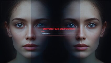 A young Caucasian woman with striking blue eyes, featuring a glitch effect and overlay text 'IMPOSTER DETECTED'.