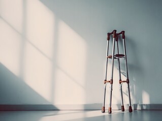 Crutches leaning against a wall in a softly lit room during the afternoon