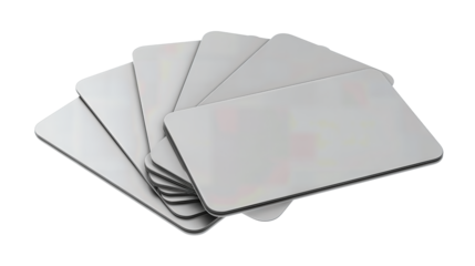 Photography gray card set with matte uniform surfaces and rounded corners, isolated on transparent background.
