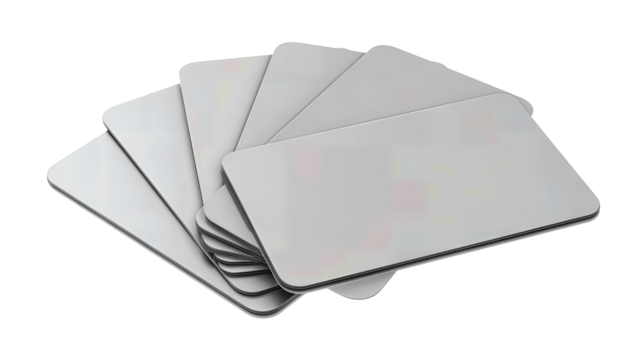 Photography gray card set with matte uniform surfaces and rounded corners, isolated on transparent background.
