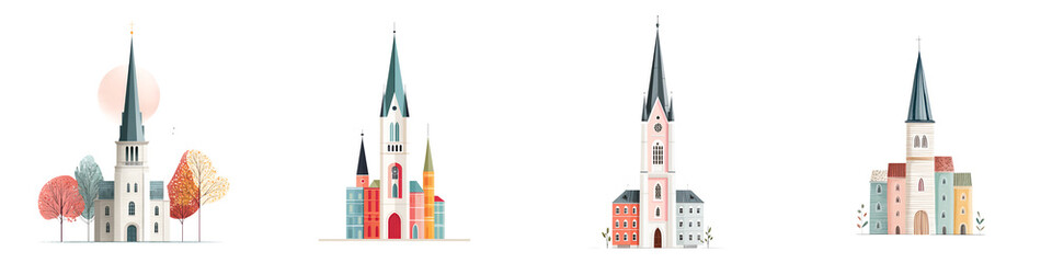 Obraz premium Watercolor Illustration of a Colorful European Town with Churches and Trees