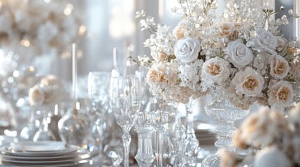 Elegant wedding reception table setting with elaborate flower arrangements