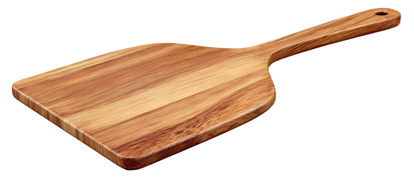A wooden pizza peel with a flat rectangular blade, tapered edge, and long handle, isolated on transparent background.
