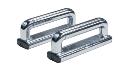 A pair of metal parallettes with square geometry and tidy rubber caps, isolated on transparent background.
