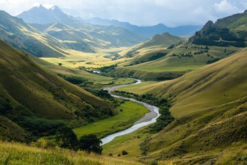 Fototapeta premium Green hills with scenic river valley