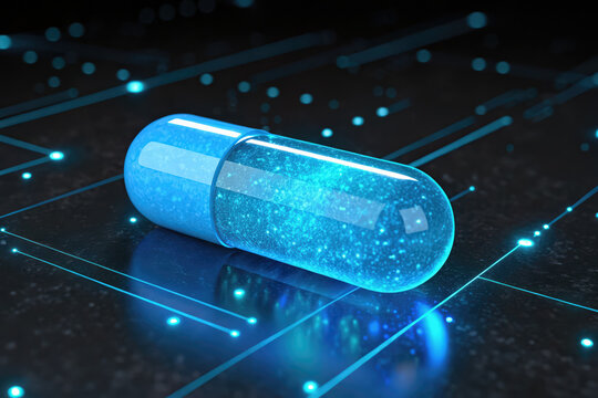 Futuristic Blue Medical Pill on a Circuit Board