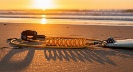 Surfboard leash on sandy beach at golden sunset with ocean waves in background.