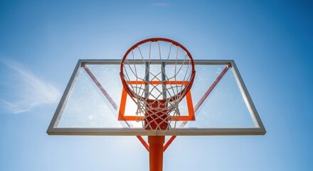 Basketball hoop and clear backboard against bright blue sky viewed from below.