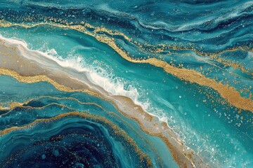 Abstract swirls of teal, gold, and beige