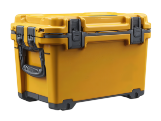 A mid-size hard cooler with latched flat lid and folded sturdy handles, isolated on transparent background.
