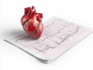 Model of human heart on top of EKG paper illustrating cardiac activity in a healthcare setting