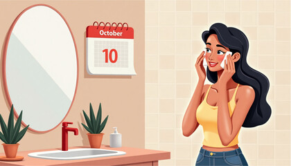 Woman applying skincare in bathroom with calendar showing October 10