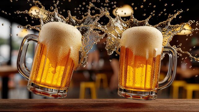 Two frothy beer mugs clink together in a lively celebration, splashing golden liquid and foam, capturing the joyous atmosphere of a social gathering with vibrant background elements enhancing the scen