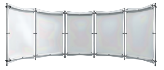 Camping stove windshield made of hinged aluminum panels, durable and portable, isolated on transparent background.
