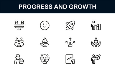 Corporate Success, Progress, and Growth Icons Pack, Outline Linear Flat Minimal Business Development Symbols