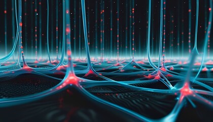 Abstract visualization of a neural network with glowing blue connections and red synapses representing the complex interconnectedness of the human brain and artificial intelligence