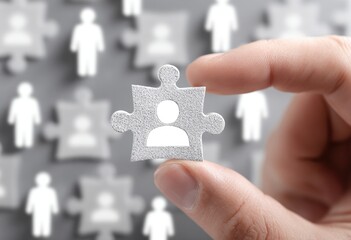 Hand holds a puzzle piece with a person icon, surrounded by many other puzzle pieces