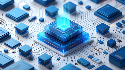 Fototapeta premium Abstract Futuristic Technology: Central Processing Unit, Data Stream, Digital Circuit Board, Blue and White, High-Tech Concept.