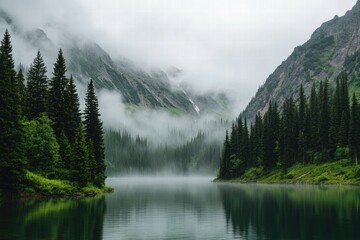 Misty mountain forest lake