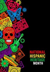 Obraz premium Vibrant illustration of Hispanic cultural symbols like sugar skulls, papel picado, and sombreros