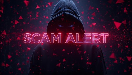 Mysterious figure in a dark hoodie with glowing text: 'SCAM ALERT' surrounded by red geometric shapes.
