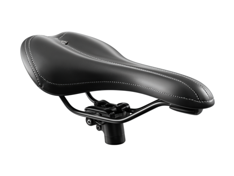A slim bicycle saddle with smooth matte cover and clean rails, isolated on transparent background.
