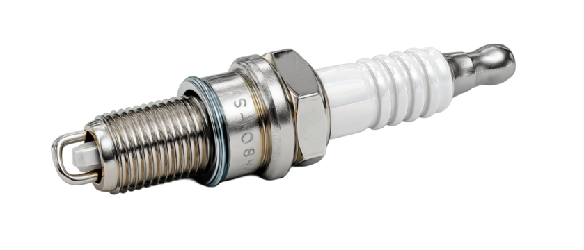 Single spark plug laid horizontally with crisp hex base and minimized glare, isolated on transparent background.
