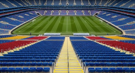Fototapeta premium Empty colorful football stadium with green field and bright seating arrangement.