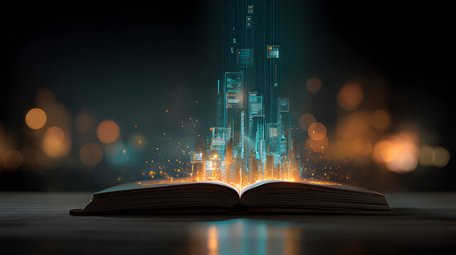Digital book opened with glowing, digital cityscapes emerging from its pages, symbolizing the power of knowledge and information.