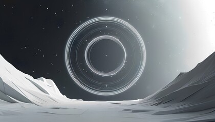 Naklejka premium Abstract glowing geometric ring suspended in a surreal alien landscape with icy mountains and a dark starry sky creating a sense of mystery and wonder