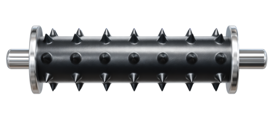 A dough docker roller with a cylindrical spiked head and straight handle, isolated on transparent background.
