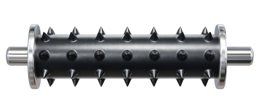 A dough docker roller with a cylindrical spiked head and straight handle, isolated on transparent background.
