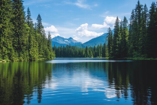 Blue lake with pine tree forest
