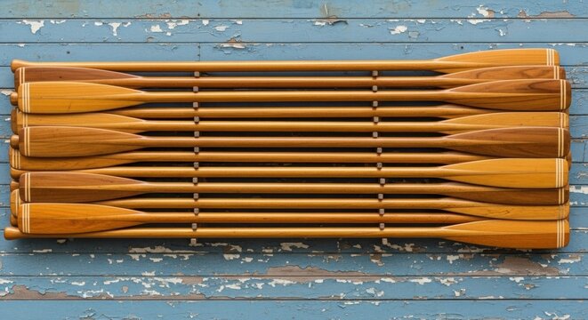 Stack of wooden oars on rustic blue wall, vintage nautical decor with coastal charm.