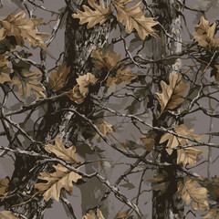 Camouflage pattern. Forest seamless pattern. Branches, green, brown leaves. Useable for hunting and military purposes.