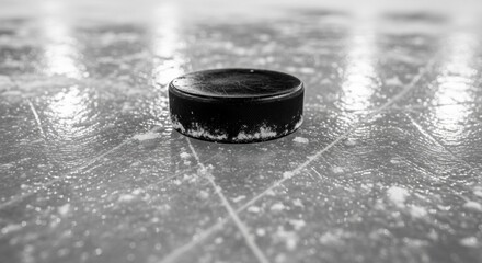Close-up of black hockey puck on scratched icy rink surface in monochrome style.