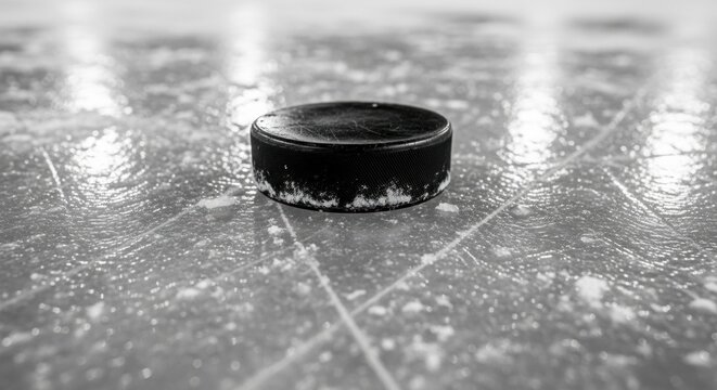 Close-up of black hockey puck on scratched icy rink surface in monochrome style.