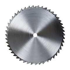 A single steel circular saw blade with sharp even teeth and crisp bore hole, isolated on transparent background.
