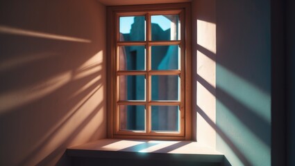 Fototapeta premium Sunlight casting shadows through a window with wooden frames, illuminating the interior space.