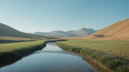 A river flowing through a valley with rolling hills and mountains in the background.