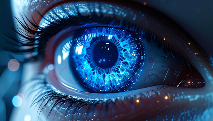 Eye of the Future: A mesmerizing image of a luminous blue eye, hinting at artificial intelligence and technological advancement, with intricate details in a stunning display.