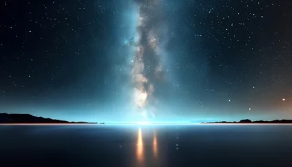 Keuken achterwand Reflectie Vibrant milky way galaxy stretching across a dark night sky reflected in the calm waters of a serene lake creating a breathtaking celestial panorama  © Al-Amin