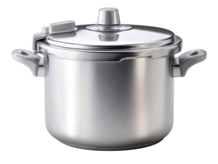 Classic sealed pressure cooker with plain handles and crisp seam, isolated on transparent background.
